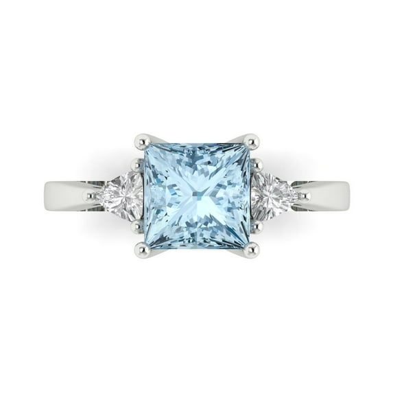 2.32 ct Princess Cut Natural Swiss Blue Topaz 3 Stone 18K White Gold Womens Engagement Ring