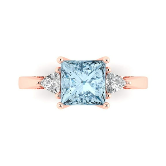 2.32 ctw 3 Stone Anniversary Ring for Women | Princess Cut Simulated Blue Diamond | Hyperallergenic Solid 18K Rose Gold
