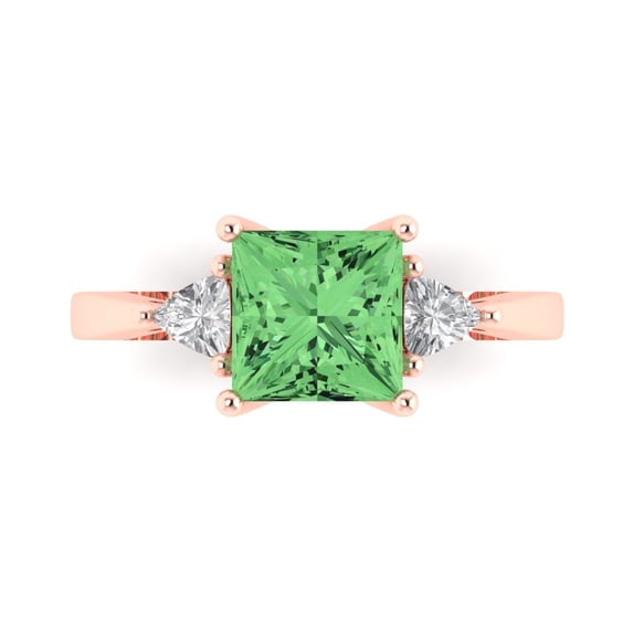 2.32 ctw 3 Stone Anniversary Ring for Women | Princess Cut Simulated Green Diamond | Hyperallergenic Solid 14K Rose Gold