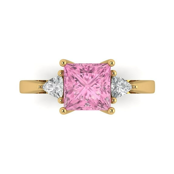 Clara Pucci 14K Yellow Gold Solid Gold Pink Three-Stone Anniversary Ring for Women - 2.32 cttw Princess Cut