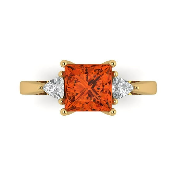 Clara Pucci 14K Yellow Gold Solid Gold Red Three-Stone Anniversary Ring for Women - 2.32 cttw Princess Cut