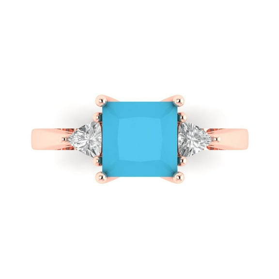 2.32 ct Princess Cut Simulated Turquoise 3 Stone 14K Rose Gold Womens Engagement Ring