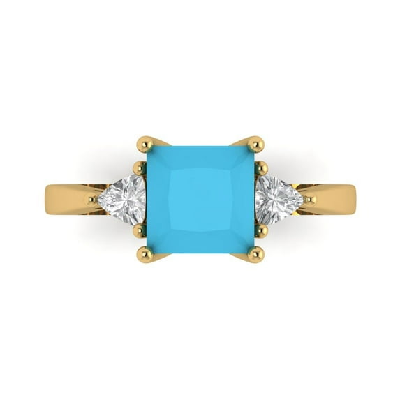 2.32 ct Princess Cut Simulated Turquoise 3 Stone 18K Yellow Gold Womens Engagement Ring