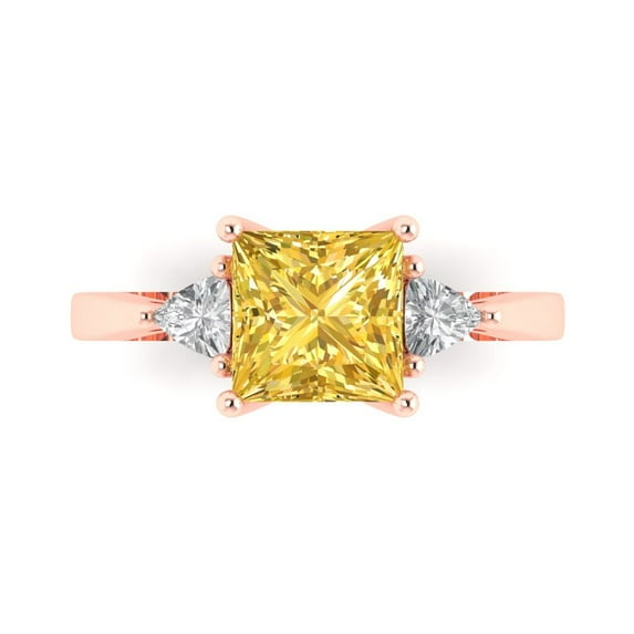 2.32 ctw 3 Stone Anniversary Ring for Women | Princess Cut Simulated Yellow Diamond | Hyperallergenic Solid 18K Rose Gold