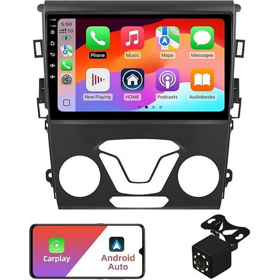 2+32G 9 Inch Android 12 Double Din Car Stereo for Ford Fusion Mondeo 2013-2019 Touchscreen Radio Built-in Wireless Carplay/Android Auto/GPS/Bluetooth/FM/AUX-in/Steering Wheel Controls/Backup Camera