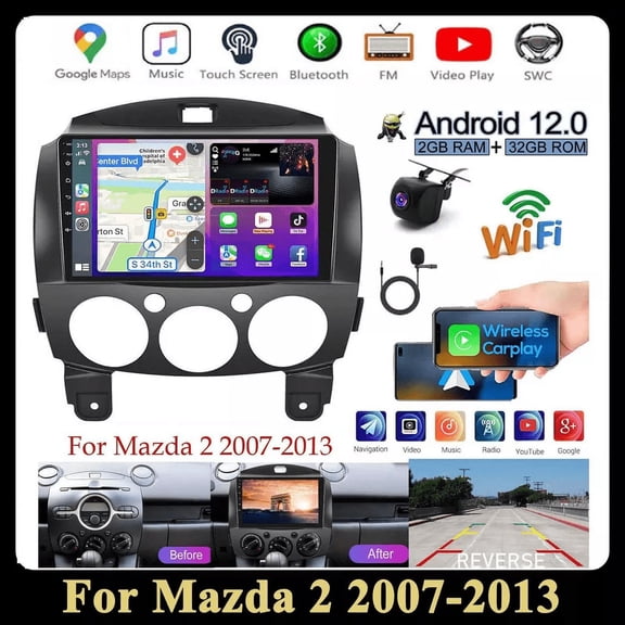 2+32G 9 Inch for Mazda 2 Radio 2007-2013 with Wireless Apple CarPlay, Touch Screen Radio witn Wireless Android Auto Mirror Link Bluetooth HiFi GPS Navigation WiFi AHD Backup Camera