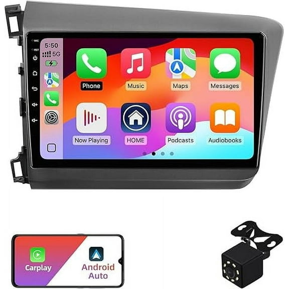 2+32G Android 12 Double Din Car Stereo for Honda Civic 2012-2015 with 9 Inch Touchscreen Radio Built-in Wireless Carplay/Android Auto/GPS/Bluetooth/FM/AUX-in/Steering Wheel Controls/Backup Camera