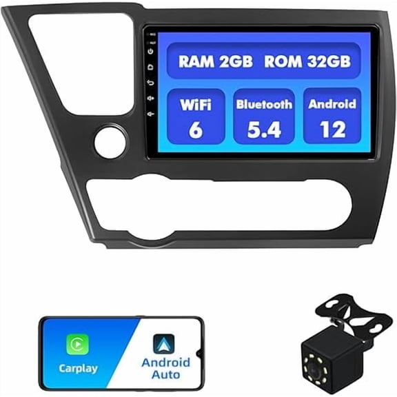 2+32G Android 12 Double Din Car Stereo for Honda Civic 2013-2015 with 9 Inch Touchscreen Radio Built-in Wireless Carplay/Android Auto/GPS/Bluetooth/FM/AUX-in/SWC/Backup Camera (with Air Outlet)