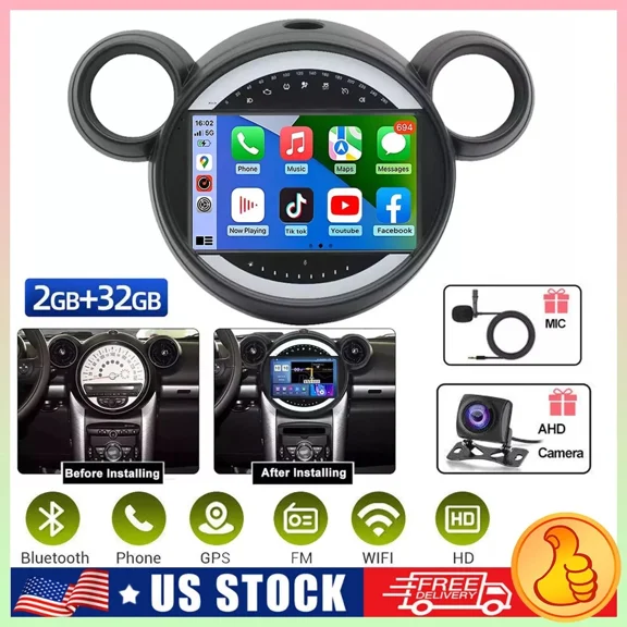 2+32G Android 13 Car Stereo For BMW Mini Cooper 2011-2016 Built-in Wireless CarPlay Android Auto 9in Car Radio with GPS WiFi Bluetooth FM/RDS SWC Split Screen + AHD Backup Camera