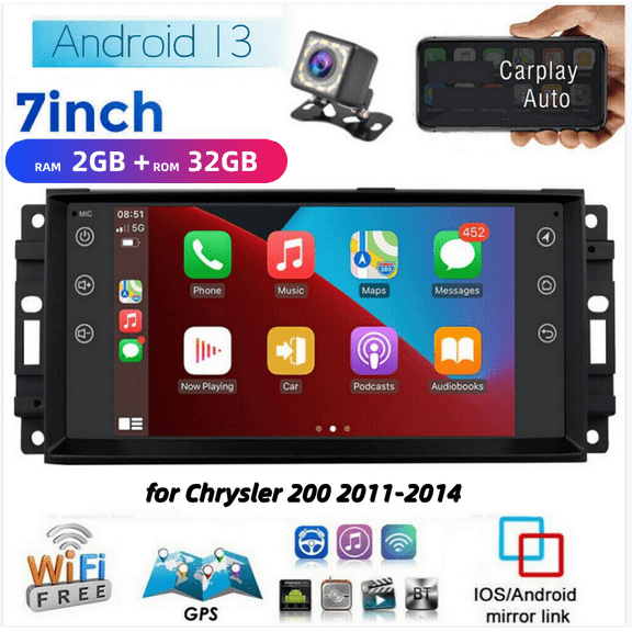2+32G Android 13 Car Stereo for Chrysler 200 2011-2014 Fit for Carplay Android Auto, 7inch Car Screen with WiFi GPS Mirror Link Bluetooth SWC + Backup Camera