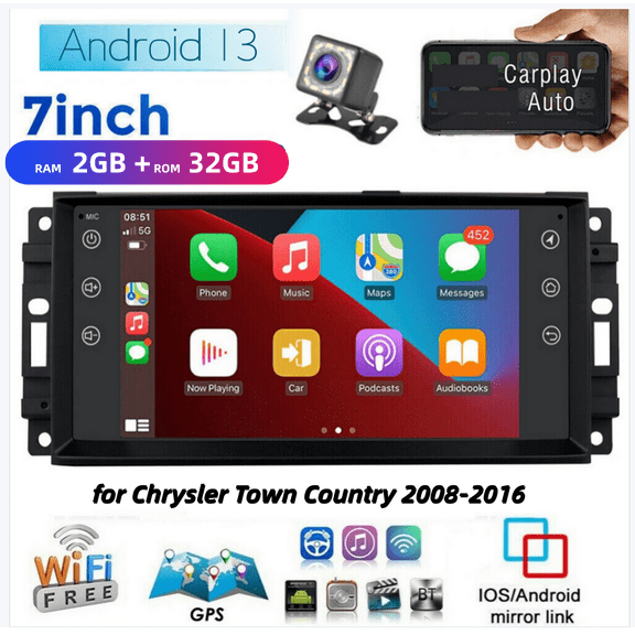 2+32G Android 13 Car Stereo for Chrysler Town Country 2008-2016 Fit for Carplay Android Auto, 7inch Car Screen with WiFi GPS Mirror Link Bluetooth SWC + Backup Camera
