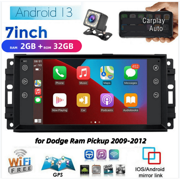 2+32G Android 13 Car Stereo for Dodge Ram Pickup 2009-2012 Fit for Carplay Android Auto, 7inch Car Screen with WiFi GPS Mirror Link Bluetooth SWC + Backup Camera