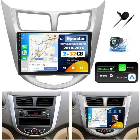 [2+32G] Android 13 Car Stereo for Hyundai Verna Accent Solaris 2010-2016 with Wireless Carplay&Android Auto,9 Inch Car Radio with Mirror Link Bluetooth FM/RDS WiFi GPS SWC Dual USB+Backup Camera