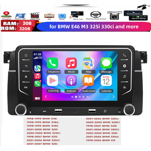 2+32G Android 14 Car Stereo GPS Navigation for BMW E46 M3 325i 330ci with Carplay Android Auto 7in Touchscreen Multimedia Player with Bluetooth Wifi FM/RDS DSP EQ SWC Mirror Link Split Screen