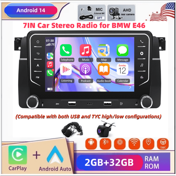 2+32G Android 14 Car Stereo GPS Navigation for BMW E46(high and low-spec models) with Carplay Android Auto 7in Touchscreen Car Radio with Bluetooth Wifi FM/RDS DSP EQ SWC Mirror Link Split Screen