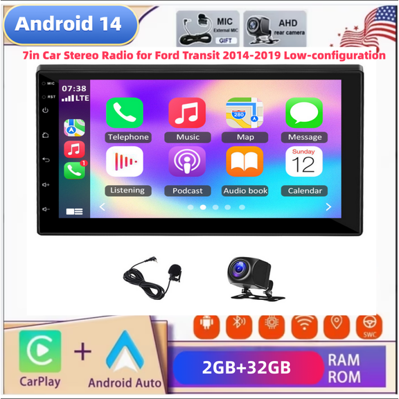 2+32G Android 14 Car Stereo GPS Navigation for Ford Transit 2014-2019 Low-configuration with Carplay Android Auto 7in Car Radio with Bluetooth Wifi FM SWC Mirror Link Split Screen+AHD Backup Camera