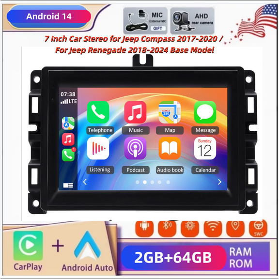 2+32G Android 14 Car Stereo GPS Navigation for Jeep Compass 2017-2020 Low-configuration with Carplay Android Auto 7in Touchscreen Radio Player with Bluetooth Wifi FM RDS SWC Mirror Link Split Screen