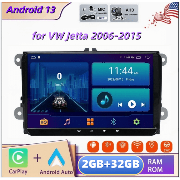 2+32GB Android 13 9-inch Car Stereo Radio Compatible for VW Jetta 2006-2015 with Carplay and Android Auto GPS Navigation WiFi Bluetooth SWC RDS DSP DAB + AHD Backup Camera