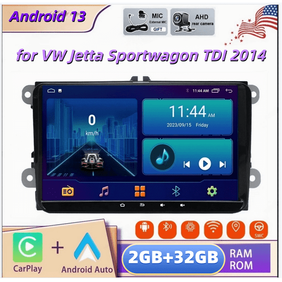 2+32GB Android 13 9-inch Car Stereo Radio Compatible for VW Jetta Sportwagon TDI 2014 with Carplay and Android Auto GPS Navigation WiFi Bluetooth SWC RDS DSP DAB + AHD Backup Camera