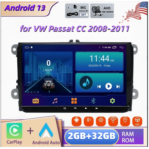 2+32GB Android 13 9-inch Car Stereo Radio Compatible for VW Passat CC 2008-2011 with Carplay and Android Auto GPS Navigation WiFi Bluetooth SWC RDS DSP DAB + AHD Backup Camera
