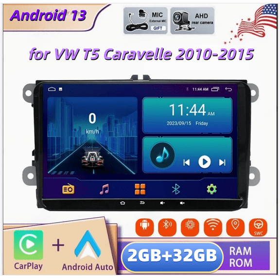 2+32GB Android 13 9-inch Car Stereo Radio Compatible for VW T5 Caravelle 2010-2015 with Carplay and Android Auto GPS Navigation WiFi Bluetooth SWC RDS DSP DAB + AHD Backup Camera