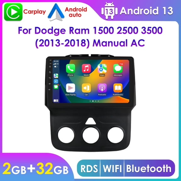 2+32GB Android 13 Bluetooth Apple Carplay 9" Touch Screen Car Stereo Radio Head Unit Multimedia GPS Navigation Player For Dodge Ram Pickup 1500 2500 3500 2013-2018 With Manual AC