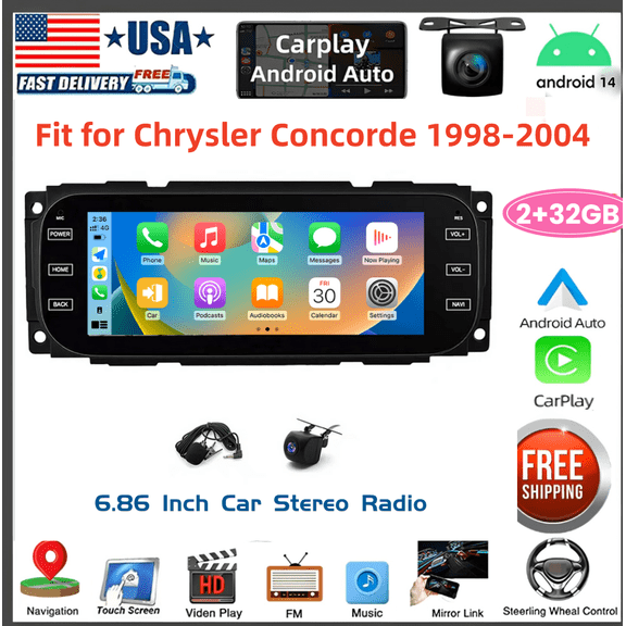 2+32GB Android 14 Car Stereo GPS Navigation Fit for Chrysler Concorde 1998-2004 with Carplay Android Auto 6.86in Car Radio with Bluetooth Wifi FM/RDS SWC Mirror Link Split Screen