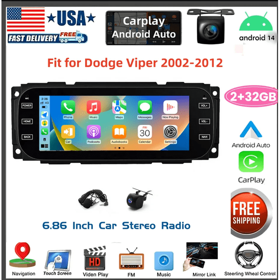 2+32GB Android 14 Car Stereo GPS Navigation Fit for Dodge Viper 2002-2012 with Carplay Android Auto 6.86in Car Radio with Bluetooth Wifi FM/RDS SWC Mirror Link Split Screen