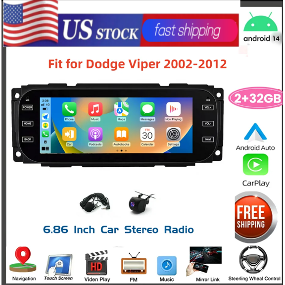 2+32GB Android 14 Car Stereo GPS Navigation Fit for Dodge Viper 2002-2012 with Carplay Android Auto 6.86in Car Radio with Bluetooth Wifi FM/RDS SWC Mirror Link Split Screen
