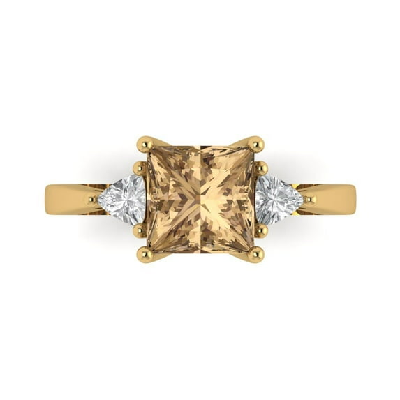 Clara Pucci 14K Yellow Gold Solid Gold Champagne Three-Stone Anniversary Ring for Women - 2.32 cttw Princess Cut