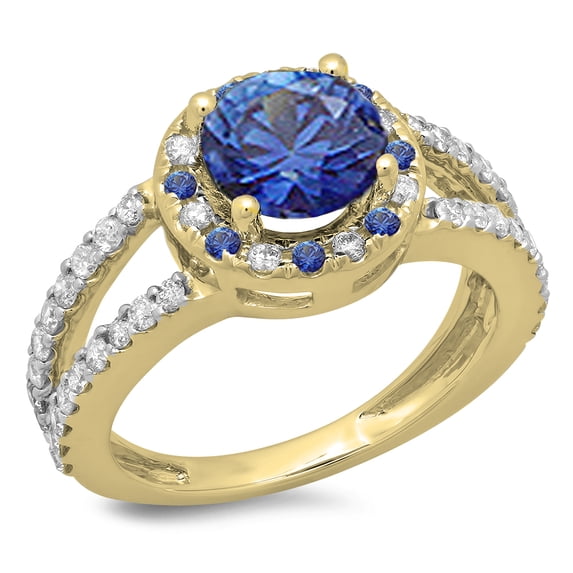 2.33 Carat (ctw) 10K Yellow Gold Round Blue Sapphire & White Diamond Ladies Bridal Split Shank Halo Style Engagement Rin