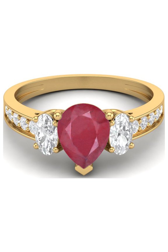 2.33 Cts Pear Ruby 925 Sterling Silver Gold Vermeil Three Stone Accent Engagement Ring