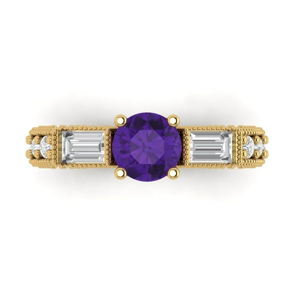 2.33 ct Round Cut Natural Amethyst Three-Stone Engagement Ring for Women in 14K Yellow Gold