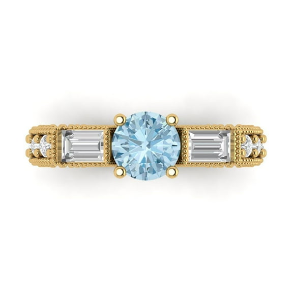 2.33 ct Round Cut Natural Aquamarine 3 Stone 14K Yellow Gold Womens Engagement Ring
