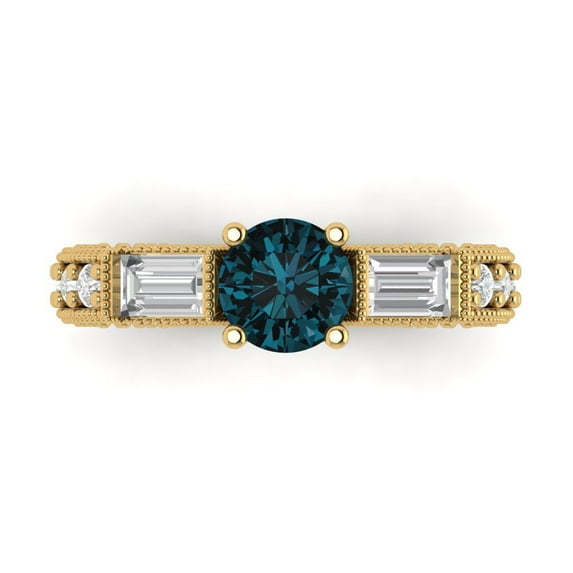 2.33 ct Round Cut Natural London Blue Topaz 3 Stone 18K Yellow Gold Womens Engagement Ring