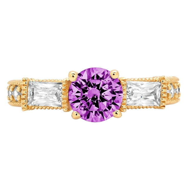 2.33 ct Round Cut Simulated Alexandrite 3 Stone 18K Yellow Gold Womens Engagement Ring