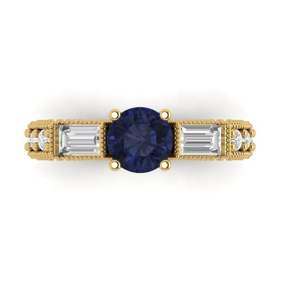 2.33 ctw 3 Stone Anniversary Ring for Women | Round Cut Simulated Blue Sapphire | Hyperallergenic Solid 14K Yellow Gold