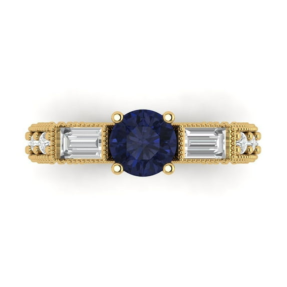 2.33 ct Round Cut Simulated Blue Sapphire Three-Stone Engagement Ring for Women in 14K Yellow Gold