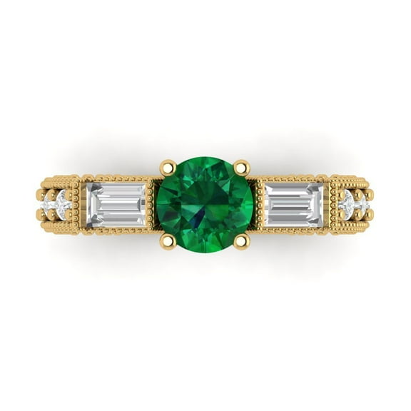 2.33 ct Round Cut Simulated Emerald Three-Stone Engagement Ring for Women in 18K Yellow Gold