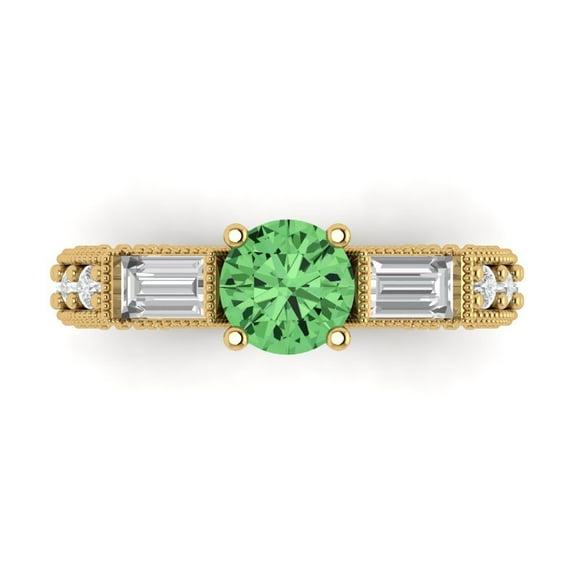 2.33 ct Round Cut Simulated Green Diamond Three-Stone Engagement Ring for Women in 14K Yellow Gold