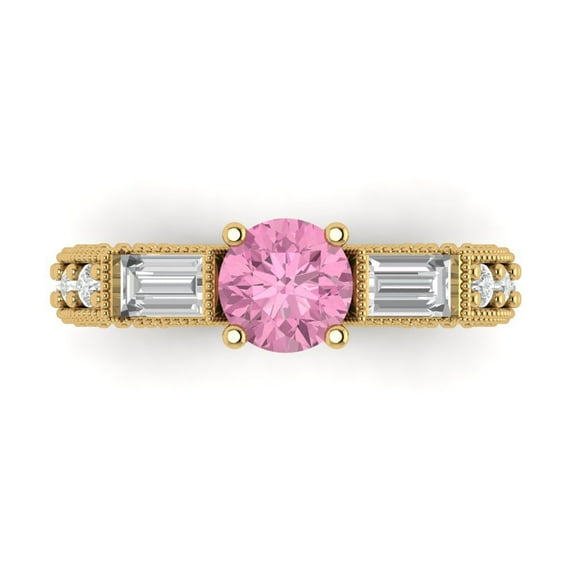 Clara Pucci 14K Yellow Gold Solid Gold Pink Three-Stone Anniversary Ring for Women - 2.33 cttw Round Cut