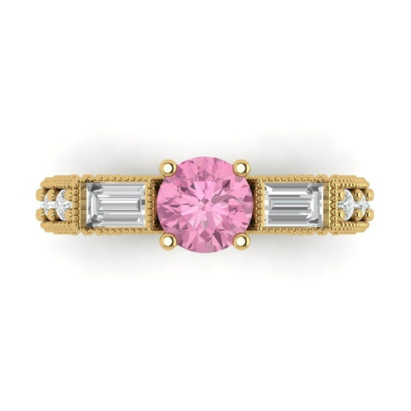 2.33 ct Round Cut Simulated Pink Diamond Three-Stone Engagement Ring for Women in 14K Yellow Gold
