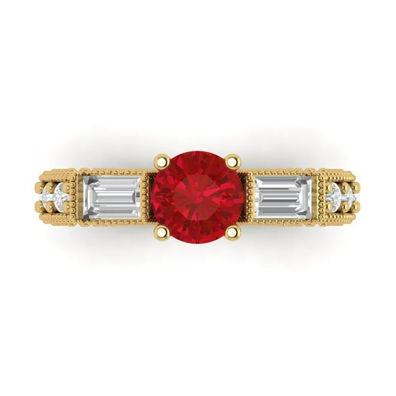 2.33 ct Round Cut Simulated Ruby Three-Stone Engagement Ring for Women in 14K Yellow Gold