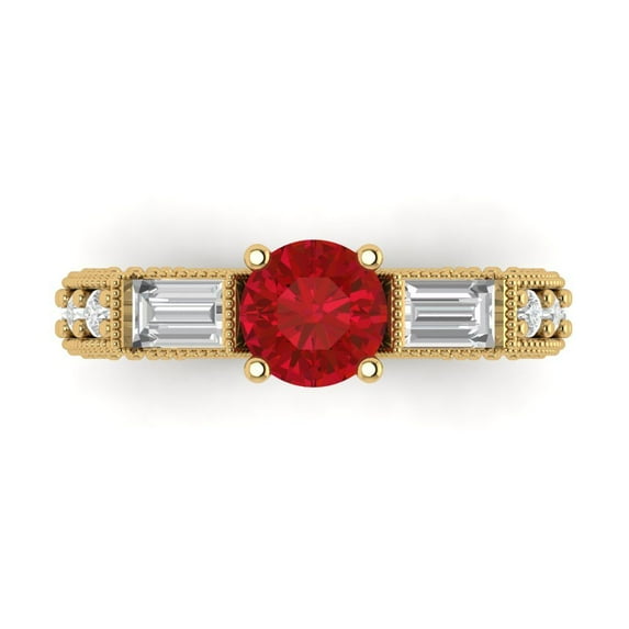 2.33 ct Round Cut Simulated Ruby Three-Stone Engagement Ring for Women in 18K Yellow Gold