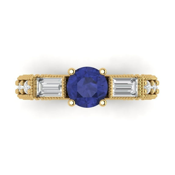 2.33 ct Round Cut Simulated Tanzanite Three-Stone Engagement Ring for Women in 18K Yellow Gold
