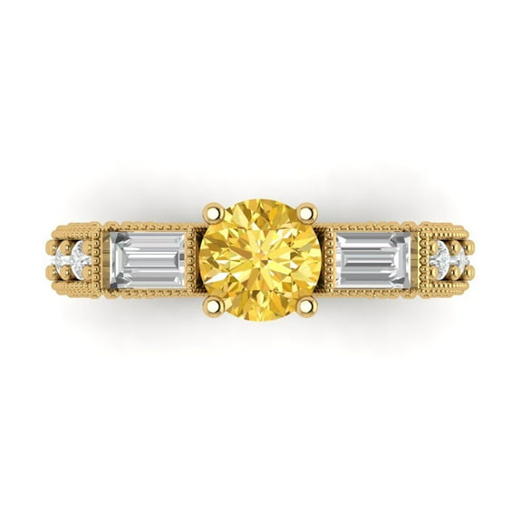 2.33 ct Round Cut Simulated Yellow Diamond Three-Stone Engagement Ring for Women in 14K Yellow Gold