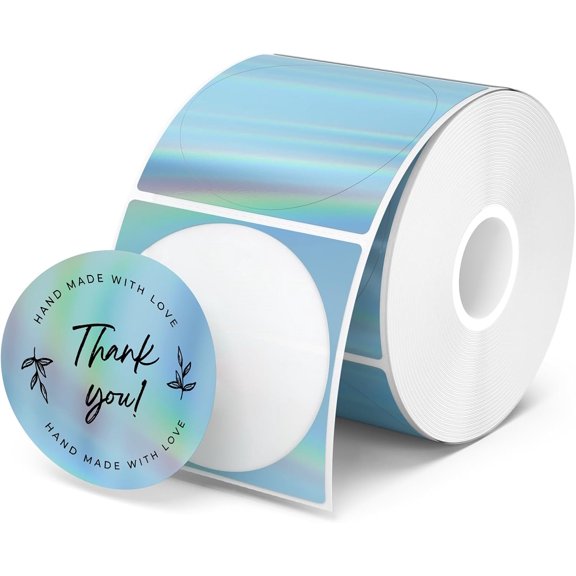 2" Circle Holographic Thermal Label Stickers Blue, Round Printable Rainbow Glitter Thermal Printer Sticker Labels for Gift Wrapping, Self-Adhesive Name Price Tag DIY Custom Logo Design