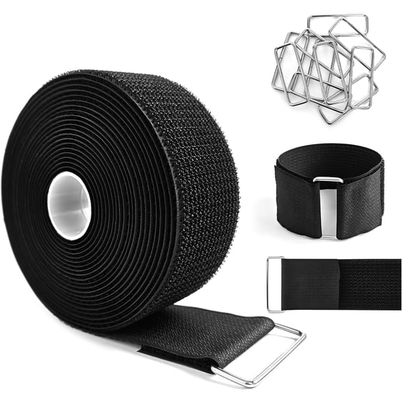 2" x16ft Hook and Loop Straps with Metal Buckles, Molle Cable Straps, Adjustable Fastening Cinch Strap, Reusable Nylon Securing Cord Ties, 2 inch Wide, Black with 10 Buckles