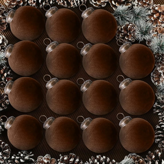 2.34IN Flocked Christmas Tree Ornaments Set, 15-Piece Velvet Texture Hanging Balls for Holiday Home Party Decoration (Coffee)