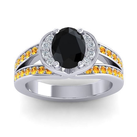 2.35 Carat Oval Cut Black Onyx & Citrine Gemstone Shiny Engagement Ring for Ladies Solid 14K White Gold Size 4.5 by Diamond-Capitals